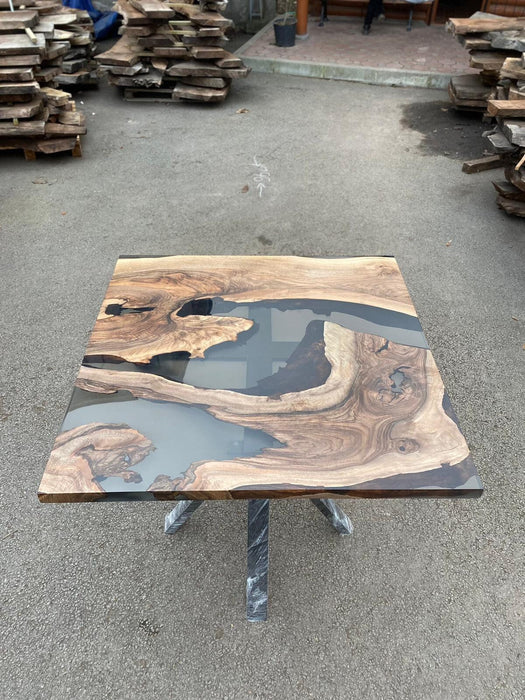 Epoxy Coffee Table, Epoxy Dining Table, Epoxy Resin Table, Custom 42" x 42" Walnut Wood Smokey Gray Epoxy Table Order for Impagano