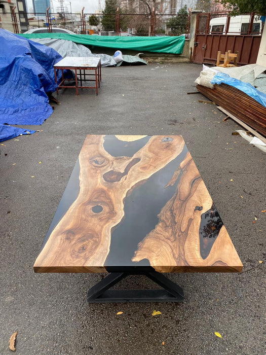 Handmade Epoxy Table, Epoxy Table, Epoxy Dining Table, Custom 72” x 40” Walnut Black Epoxy Table, with Beam Order for JoJo & Tom