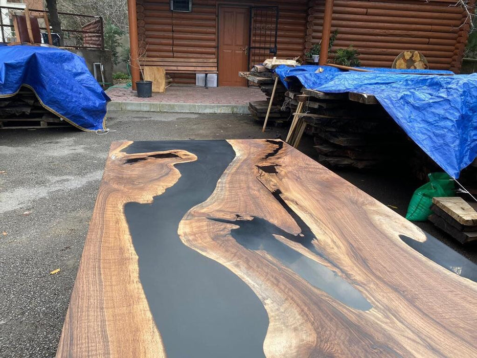 Epoxy Table, Epoxy Dining Table, Walnut Epoxy River Table, Custom 100” x 40” Walnut Matte Black Epoxy Table Order for Sam D 1