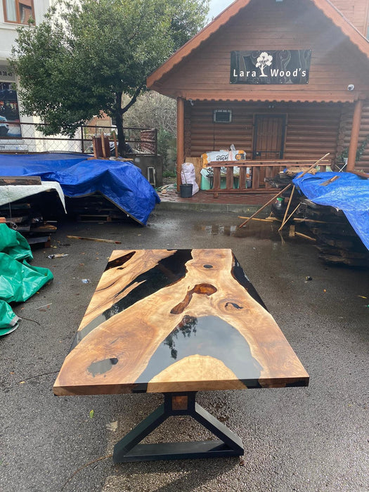 Handmade Epoxy Table, Epoxy Table, Epoxy Dining Table, Custom 72” x 40” Walnut Black Epoxy Table, with Beam Order for JoJo & Tom