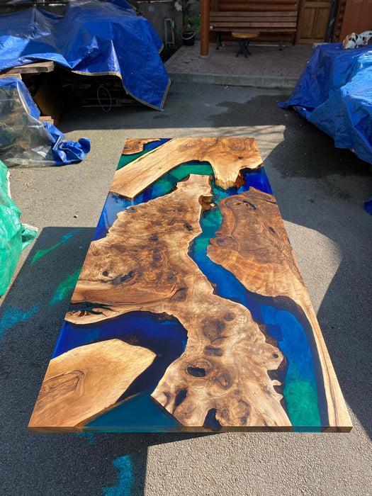 Epoxy Resin Table, Custom 104” x 45” Walnut Blue, Green Table, Epoxy Dining Table, Live Edge Table Order for Valerie S