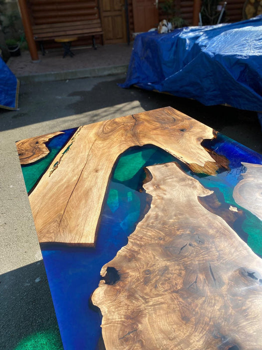 Epoxy Resin Table, Custom 104” x 45” Walnut Blue, Green Table, Epoxy Dining Table, Live Edge Table Order for Valerie S