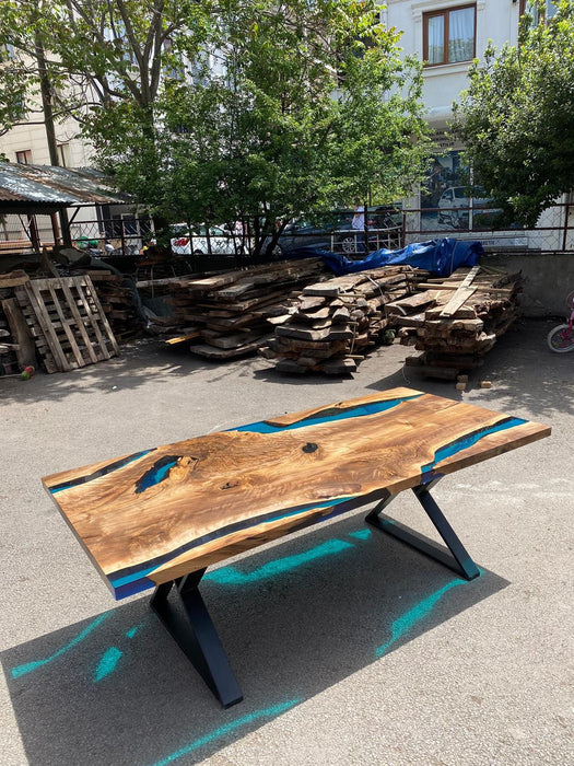 Walnut Dining Table, Live Edge Table, Custom 84” x 40” Walnut Sea Blue and Turquoise Green Dining Table, Order for Lynn H