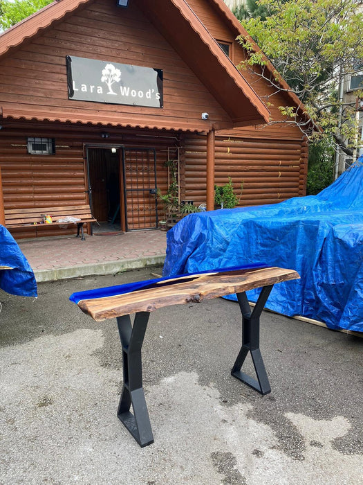 Epoxy Dining Table, Custom 60” x 16” Walnut Blue, Turquoise Console Table, Live Edge Table, Epoxy Console Table, River Table, for Nancy 1