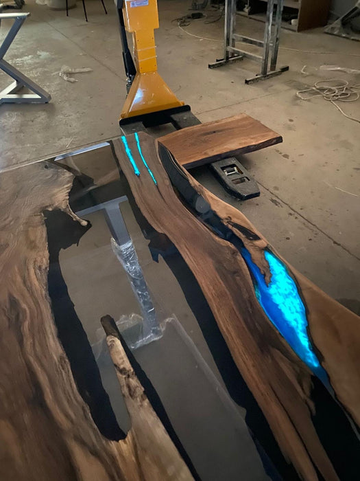 Glowing River Table, Custom 55” x 32” Walnut Smokey Gray Table, Phosphorus Epoxy River Glowing Table Order for Angela L1