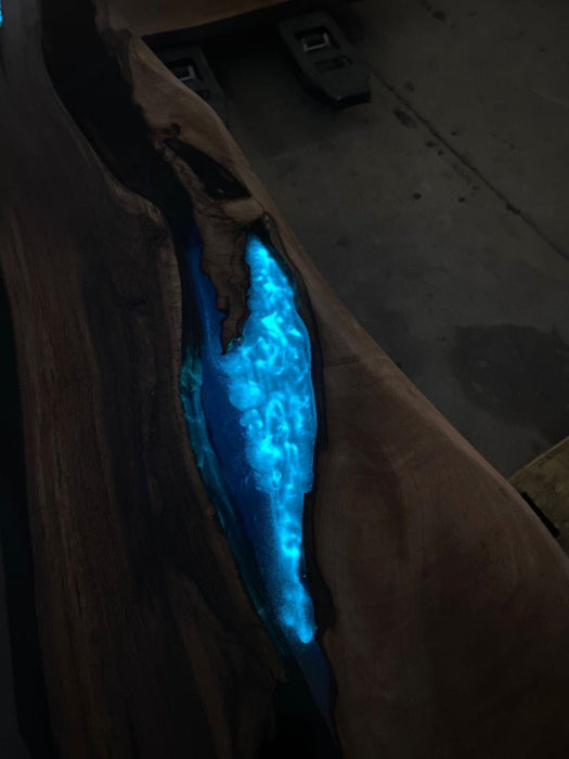 Glowing River Table, Custom 55” x 32” Walnut Smokey Gray Table, Phosphorus Epoxy River Glowing Table Order for Angela L1