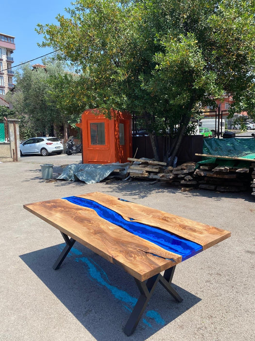 Epoxy Dining Table, Walnut Live Edge Table, Custom 84” x 42” Walnut Wood Deep Blue and Turquoise, White Waves Epoxy Dining Table for Loren1