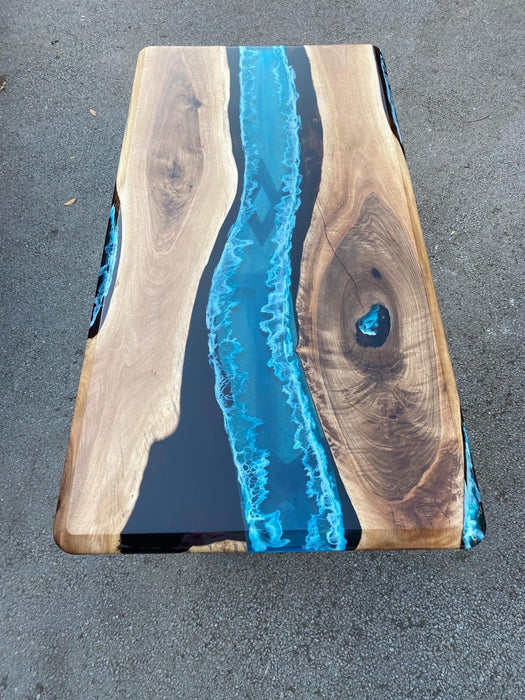 Ocean Epoxy Dining Table, Custom 60” x 30” Walnut Ocean Blue, Turquoise, White Epoxy River Table, Order for Nina J