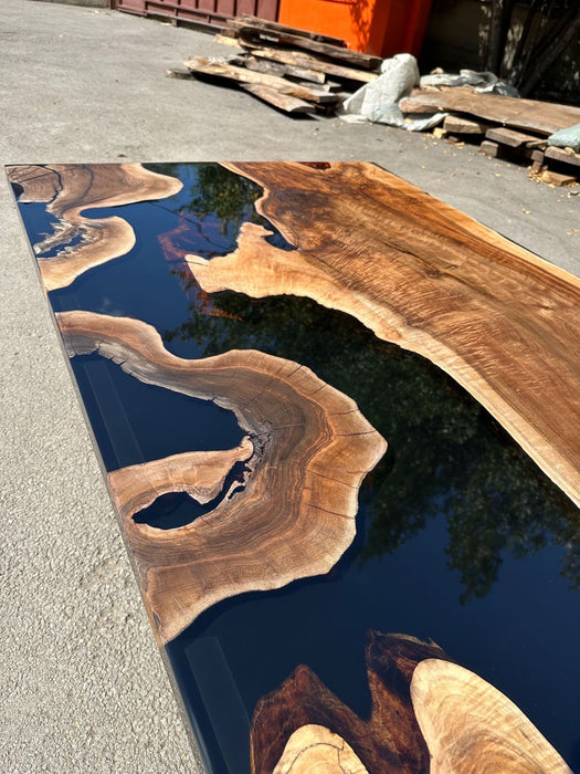 Epoxy Table, Epoxy Dining Table, Walnut Epoxy River Table, Custom 100” x 48” Walnut Black Epoxy River Table Order for Morgan