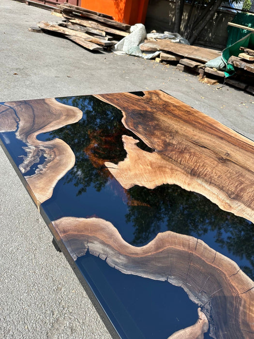 Epoxy Table, Epoxy Dining Table, Walnut Epoxy River Table, Custom 100” x 48” Walnut Black Epoxy River Table Order for Morgan