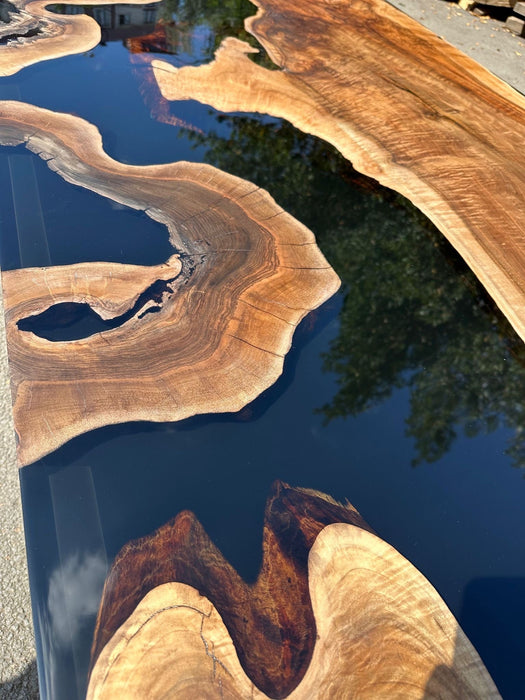 Epoxy Table, Epoxy Dining Table, Walnut Epoxy River Table, Custom 100” x 48” Walnut Black Epoxy River Table Order for Morgan