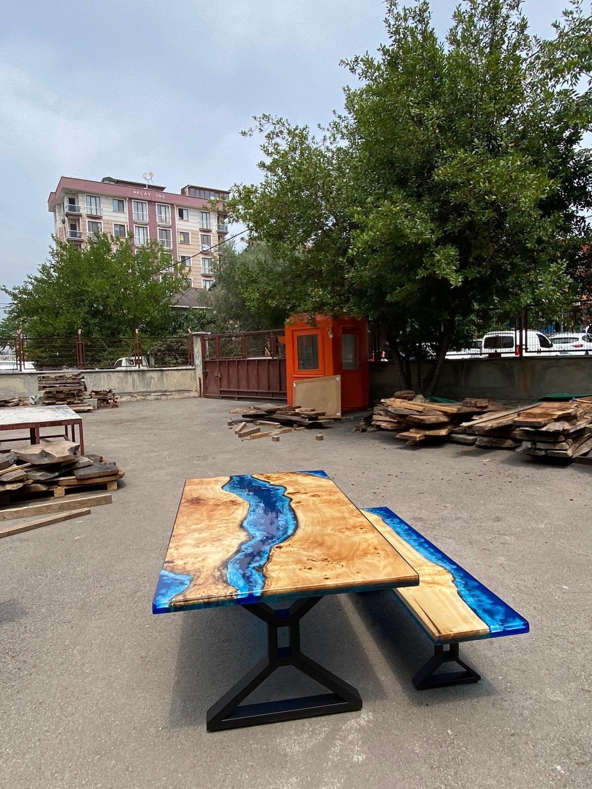 Epoxy Bench, Custom 62” x 17” Poplar Wood Shiny Ocean Blue Bench, Epox ...