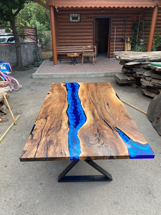 Epoxy Dining Table, Walnut Epoxy Table, River Dining Table, Custom 86” x 48” Walnut Blue Ocean Epoxy River Dining Table Order for Daniel R
