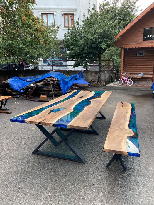 Epoxy Resin Table, Custom 115” x 48” Walnut Blue, Green Table, Epoxy Dining Table, Live Edge Table Order for Wbayne Laurie