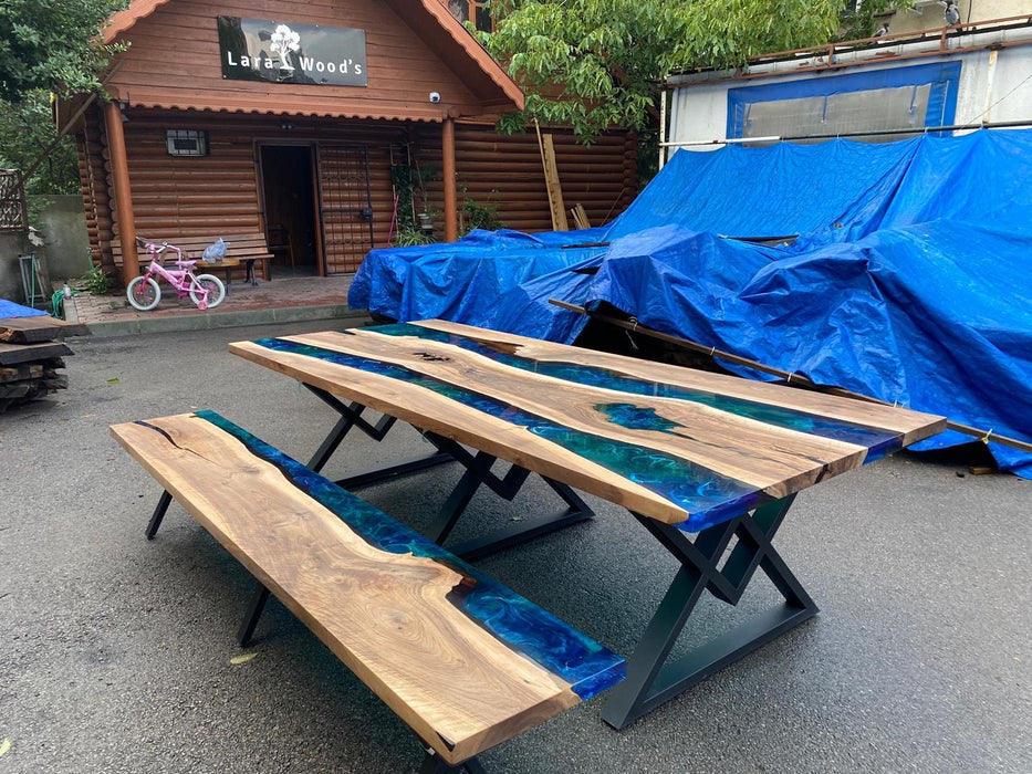 Epoxy Resin Table, Custom 115” x 48” Walnut Blue, Green Table, Epoxy Dining Table, Live Edge Table Order for Wbayne Laurie