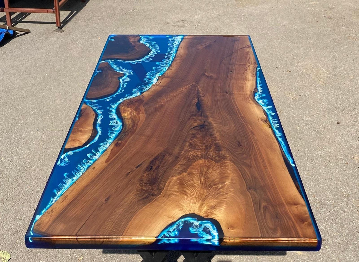 Walnut Dining Table, Custom 72” x 36” Walnut Shiny Ocean Blue, Turquoi ...