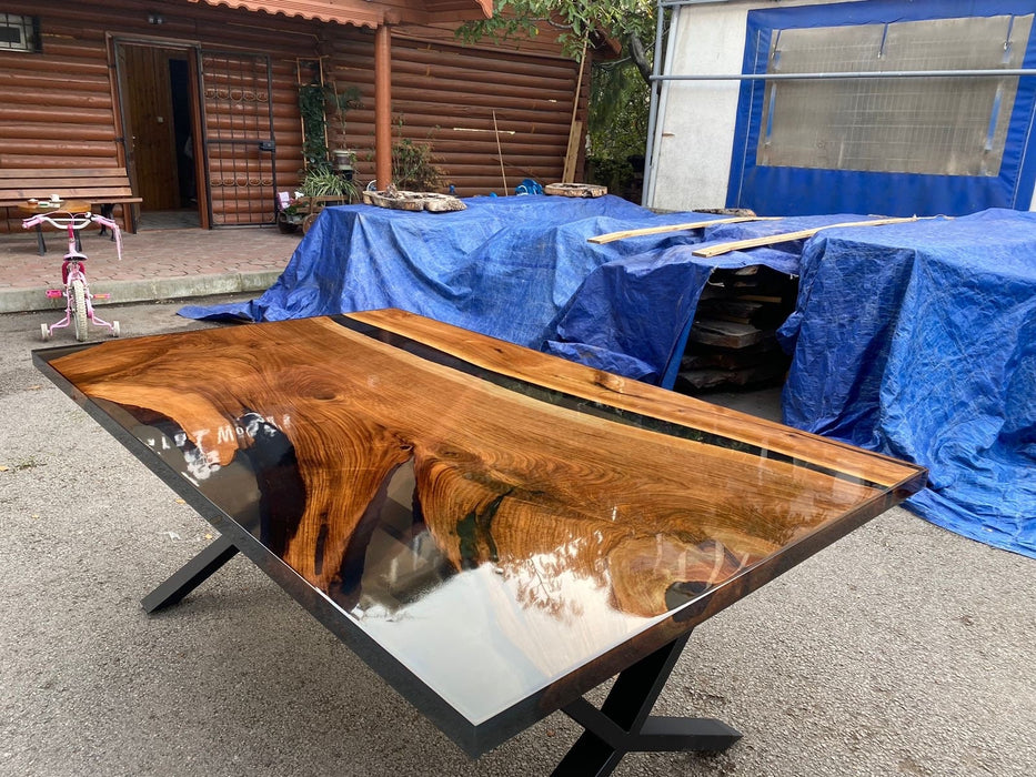 Epoxy Table, Epoxy River Dining Table, Walnut Epoxy Table, Custom 78” x 48” Walnut Smokey Gray Shiny Epoxy Table Order for Grace