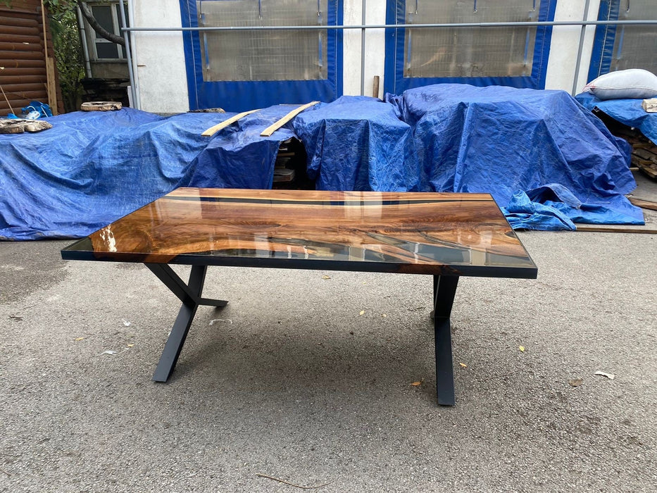 Epoxy Table, Epoxy River Dining Table, Walnut Epoxy Table, Custom 78” x 48” Walnut Smokey Gray Shiny Epoxy Table Order for Grace