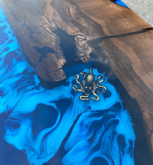 Walnut Live Edge Dining Table, Custom 80” x 40” Walnut Wood Deep Blue and Turquoise, White Waves Aquarium Table, Epoxy Table for Erin G