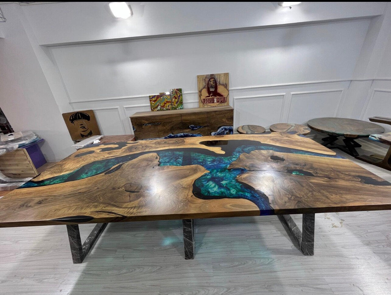 Ocean Table, Epoxy Dining Table, Custom 115” x 52” Walnut Wood Ocean Aquarium Theme Table, Epoxy River Table, Custom Order for Erika