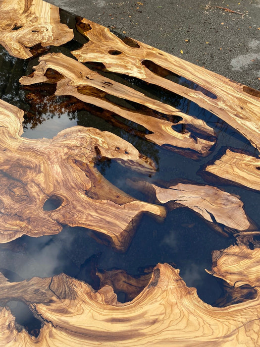 Olive Wood Dining Table, Custom 100” x 44" Smoke Gray Epoxy Table,  Handmade Epoxy Resin River Table, Live Edge Dining Table for Paul B