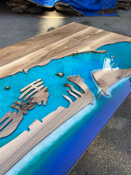Clearwater Beach Epoxy Table Custom 102” x 42” Walnut Turquoise Epoxy ...