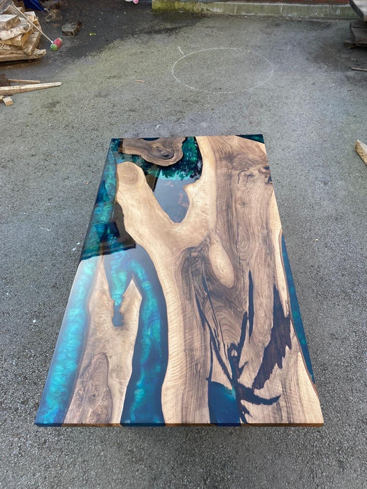 Walnut Dining Table, Custom 72” x 40” Walnut Deep Ocean Turquoise Green Table, Epoxy River Dining Table, Order for Morgan