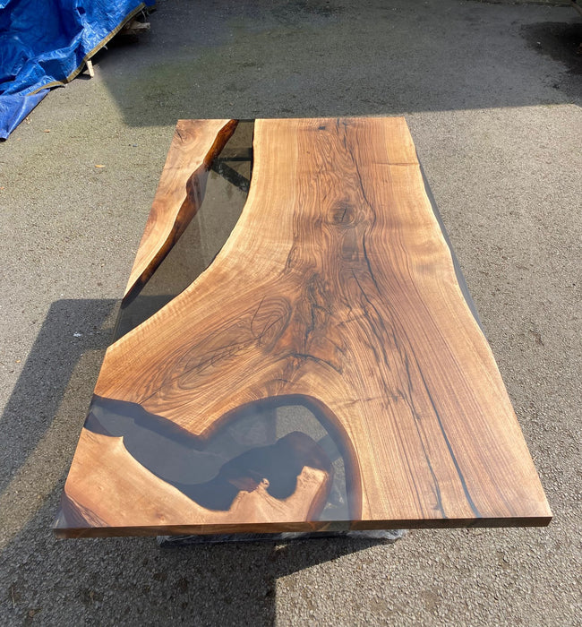 READY TO SHIP Epoxy Table, Epoxy Dining Table, Walnut Epoxy River Table, Custom 72” x 40” Walnut Smokey Gray Epoxy River Table Order