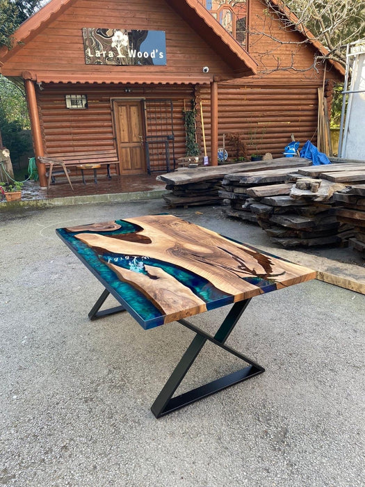Walnut Dining Table, Custom 72” x 40” Walnut Deep Ocean Turquoise Green Table, Epoxy River Dining Table, Order for Morgan