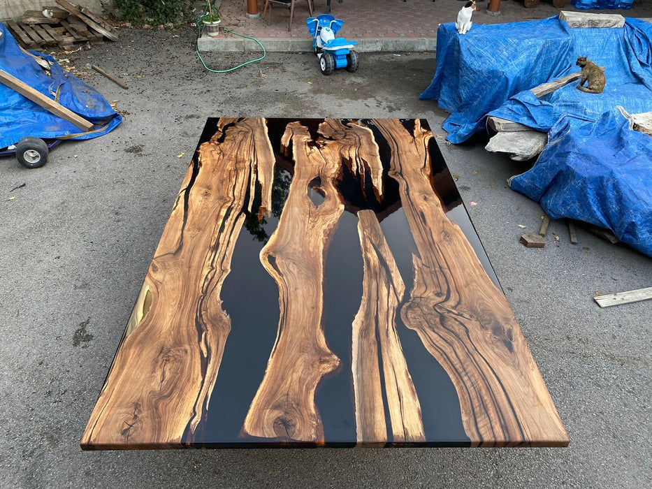 Epoxy Table, Epoxy Dining Table, Walnut Epoxy River Table, Custom 115” x 70” Walnut Black Epoxy River Table Order for Tara