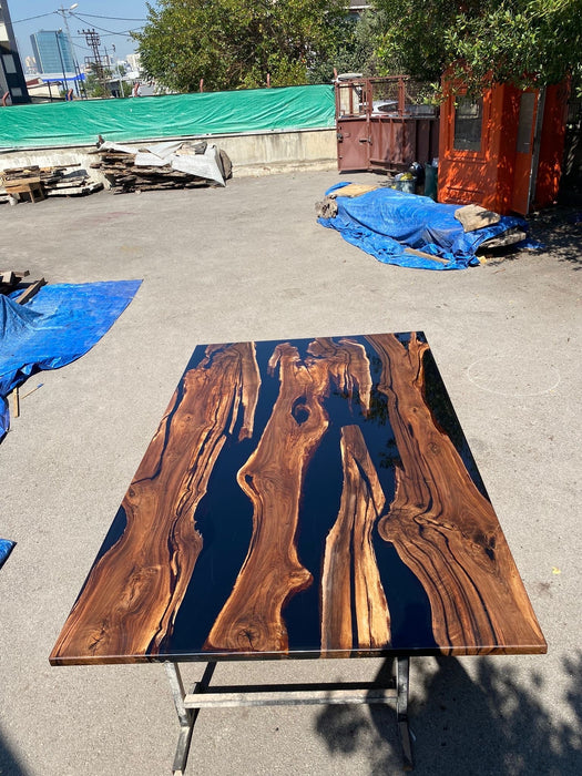 Epoxy Table, Epoxy Dining Table, Walnut Epoxy River Table, Custom 115” x 70” Walnut Black Epoxy River Table Order for Tara