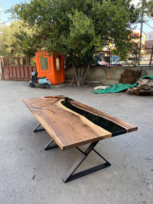 Epoxy Table, Epoxy Dining Table, Walnut Epoxy River Table, Custom 100” x 40” Walnut Black Epoxy River Table Order for Bryony