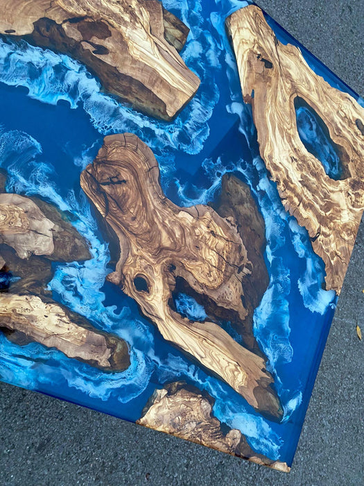 Olive Wood Table, Custom 72” x 30” Olive Wood Deep Blue and Turquoise White Epoxy Table, Epoxy Resin Table, River Table, for Patricia S