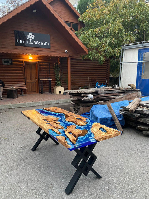 Olive Wood Table, Custom 72” x 30” Olive Wood Deep Blue and Turquoise White Epoxy Table, Epoxy Resin Table, River Table, for Patricia S
