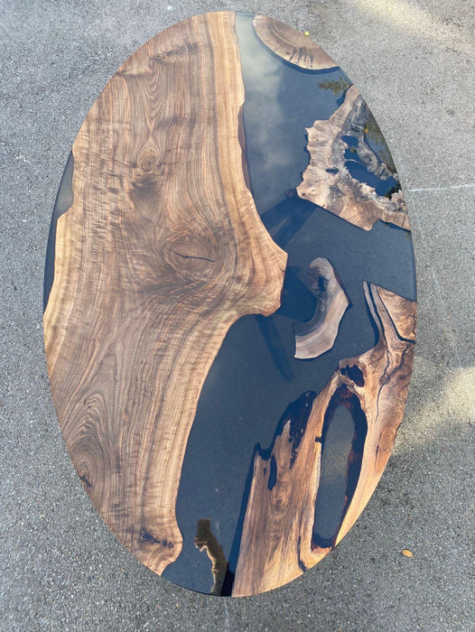 Custom 84” x 48" Walnut Wood Transparent Black Epoxy Table, Walnut Black Oval Epoxy Table, Epoxy Resin Table, Made to Order for Lawrence