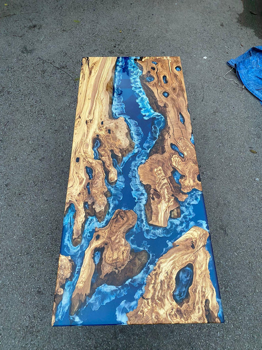Olive Wood Table, Custom 72” x 30” Olive Wood Deep Blue and Turquoise White Epoxy Table, Epoxy Resin Table, River Table, for Patricia S