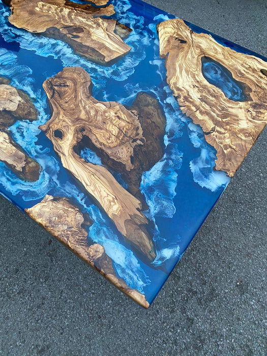 Olive Wood Table, Custom 72” x 30” Olive Wood Deep Blue and Turquoise White Epoxy Table, Epoxy Resin Table, River Table, for Patricia S