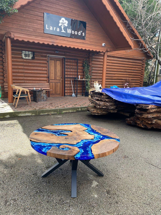 Custom 48” Round Walnut Dark Blue, Turquoise and White Swirls Ocean Epoxy Dining Table