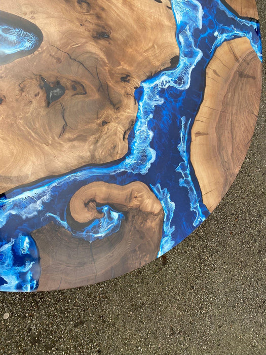 Custom 48” Round Walnut Dark Blue, Turquoise and White Swirls Ocean Epoxy Dining Table