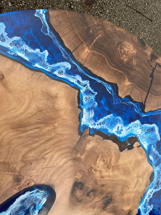 Custom 48” Round Walnut Dark Blue, Turquoise and White Swirls Ocean Epoxy Dining Table