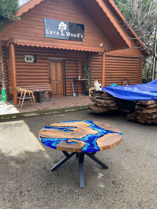 Custom 48” Round Walnut Dark Blue, Turquoise and White Swirls Ocean Epoxy Dining Table