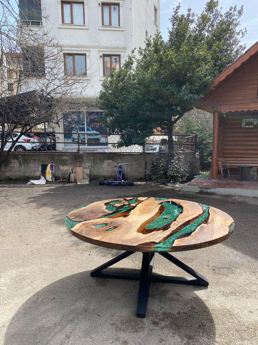 Epoxy Table, Emerald Green Epoxy Dining Table, Walnut Epoxy River Table, Custom 180 cm Round Walnut Epoxy Amethys Stone Order for Sarah L