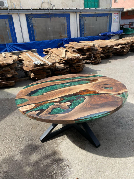 Epoxy Table, Emerald Green Epoxy Dining Table, Walnut Epoxy River Table, Custom 180 cm Round Walnut Epoxy Amethys Stone Order for Sarah L