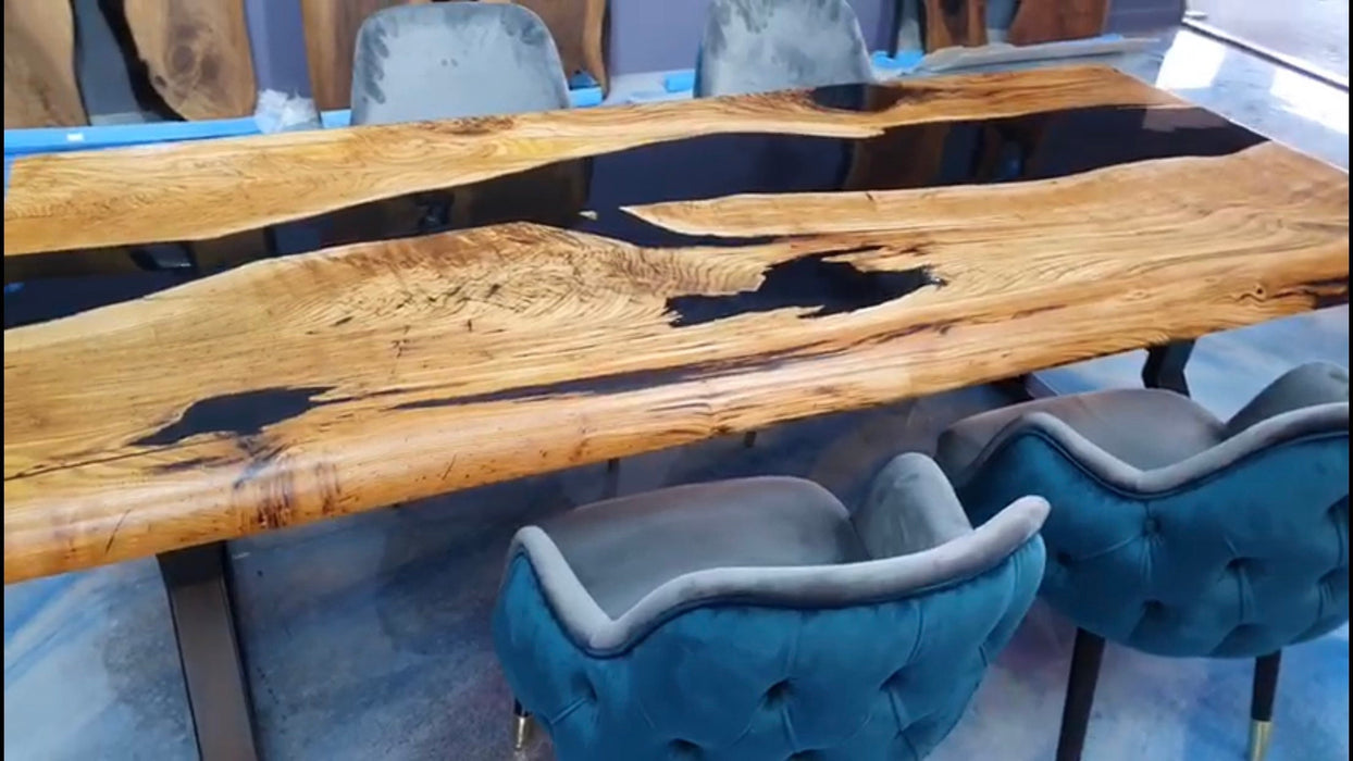 87" x 40" Natural Black River Table, Chestnut Dining Table, Black Epoxy Resin River Table, Chestnut Table, Luxury Dining Table