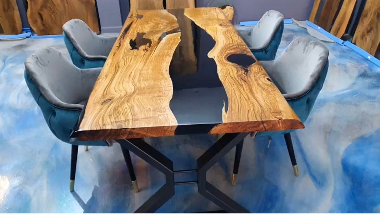 87" x 40" Natural Black River Table, Chestnut Dining Table, Black Epoxy Resin River Table, Chestnut Table, Luxury Dining Table