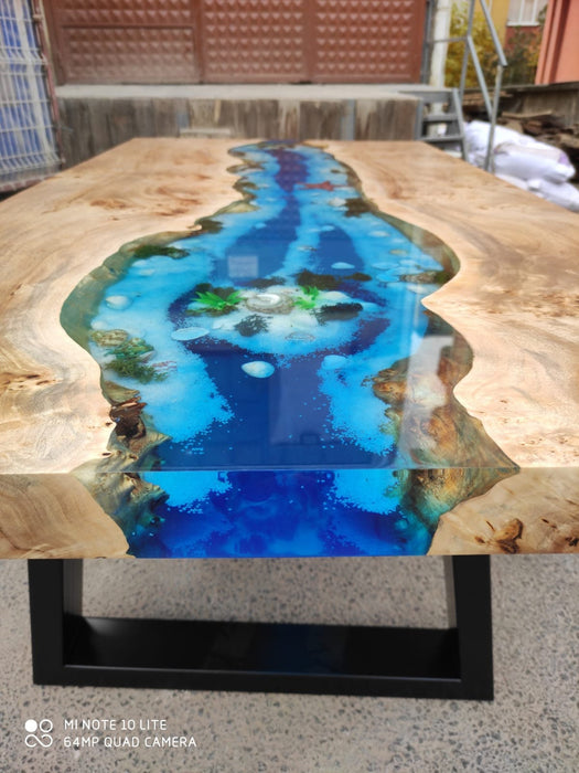 Epoxy Dining Table, Epoxy Table, Ocean Table, Poplar Ocean Blue, Turquoise White Epoxy River Dining Table, Custom 60” x 30” Order for Stacey