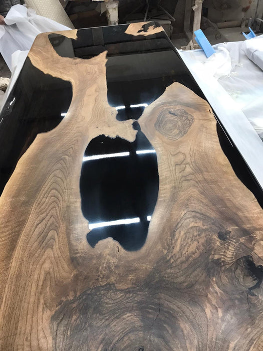 Epoxy Resin River Table, Custom 96” x 40” Walnut Shiny Black Table, Epoxy River Dining Table, Handmade Epoxy Table, Custom Order for Kevon B