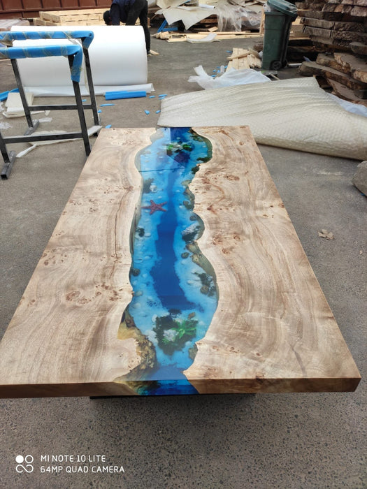 Epoxy Dining Table, Epoxy Table, Ocean Table, Poplar Ocean Blue, Turquoise White Epoxy River Dining Table, Custom 60” x 30” Order for Stacey