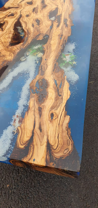 Olive Wood Table, Custom 50” x 17” Olive Blue Turquoise Epoxy Table, River Bench, Custom Epoxy Bench with Turtles, Custom Order for Marie