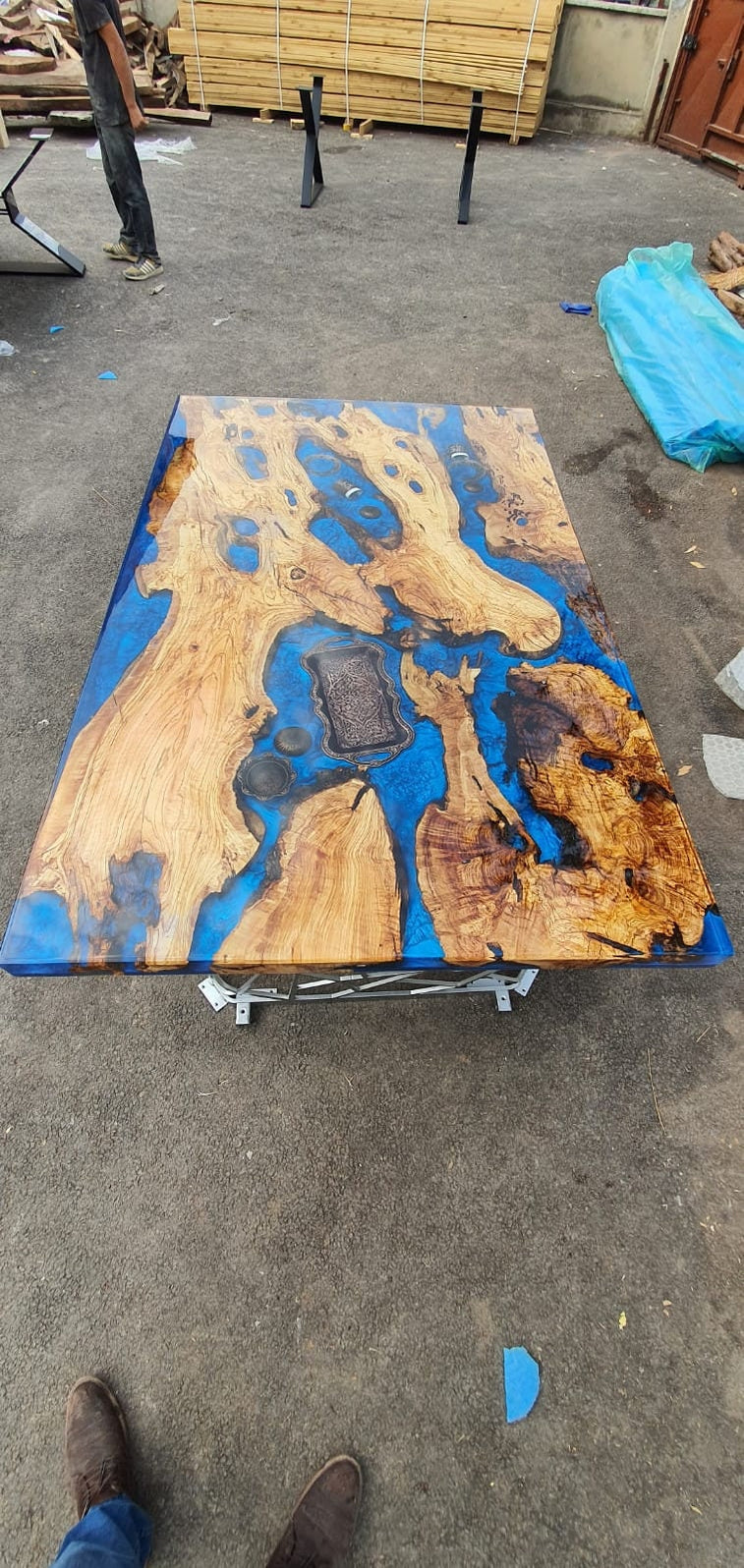 Olive Wood Epoxy Table, Custom 65” x 40” Olive Tree Wood Table, Epoxy ...